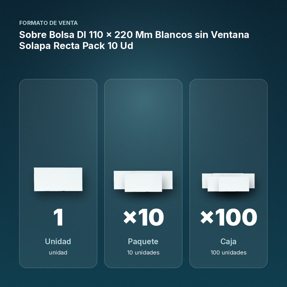 SOBRE BOLSA DL 110 X 220 MM BLANCOS SIN VENTANA SOLAPA RECTA PACK 10 UD - formato de venta: paquete de 10, caja de 100