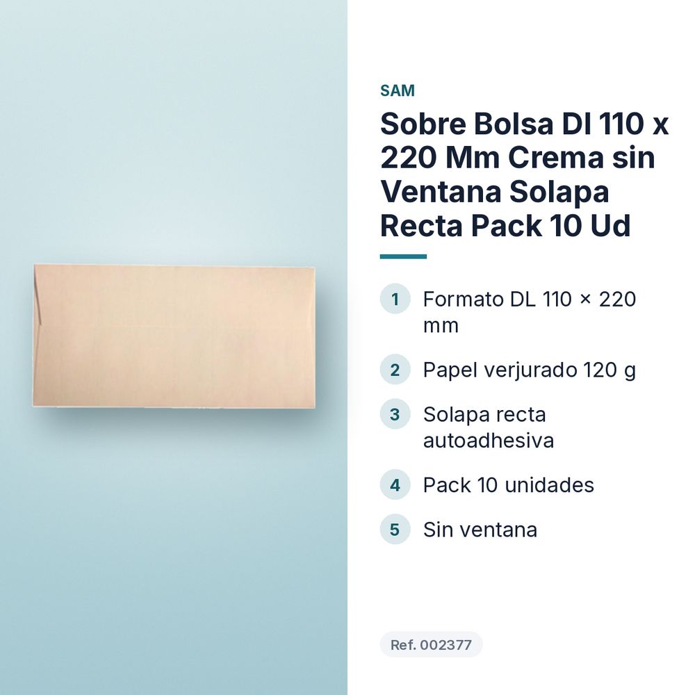 SOBRE BOLSA DL 110 X 220 MM CREMA SIN VENTANA SOLAPA RECTA PACK 10 UD - características principales