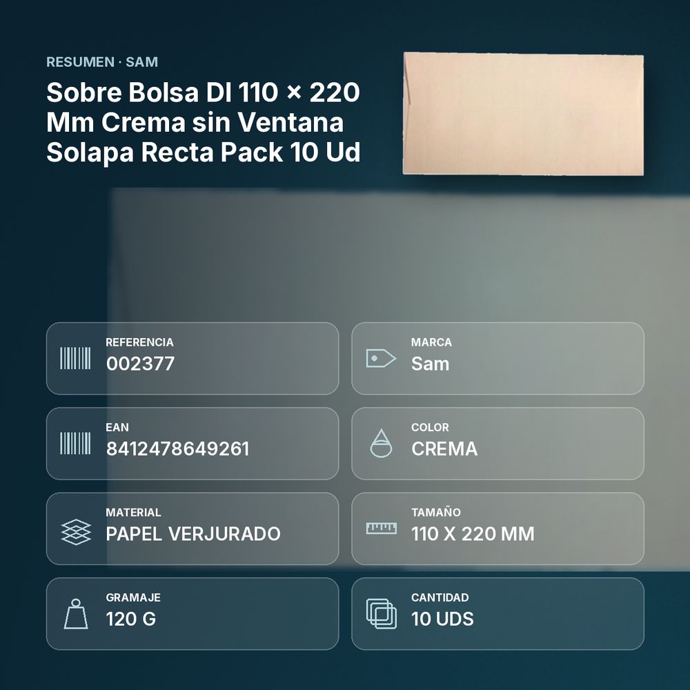 SOBRE BOLSA DL 110 X 220 MM CREMA SIN VENTANA SOLAPA RECTA PACK 10 UD - resumen de atributos