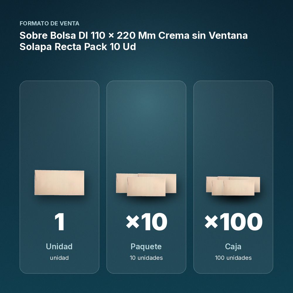 SOBRE BOLSA DL 110 X 220 MM CREMA SIN VENTANA SOLAPA RECTA PACK 10 UD - formato de venta: paquete de 10, caja de 100