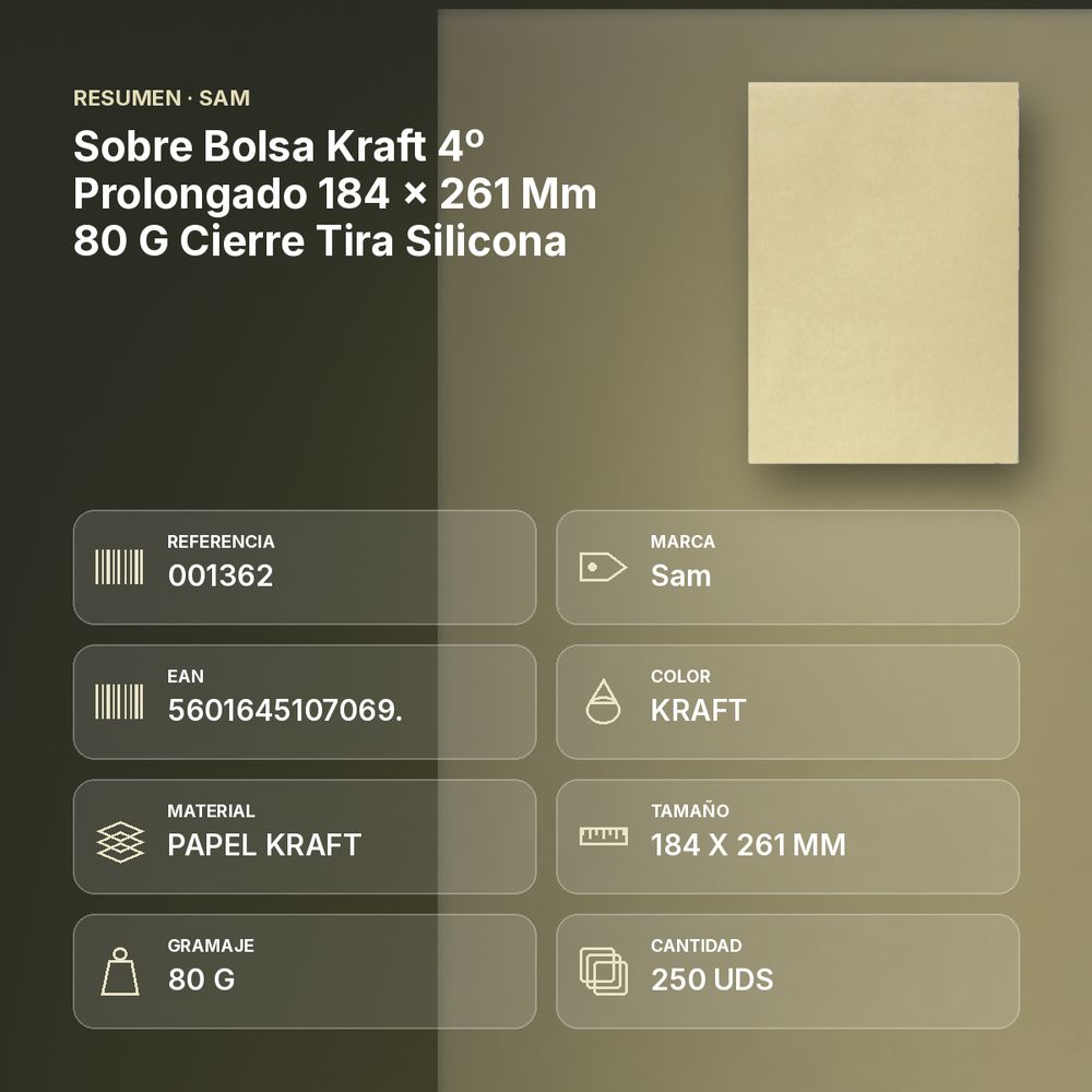 SOBRE BOLSA KRAFT 4º PROLONGADO 184 X 261 MM 80 G CIERRE TIRA SILICONA - resumen de atributos