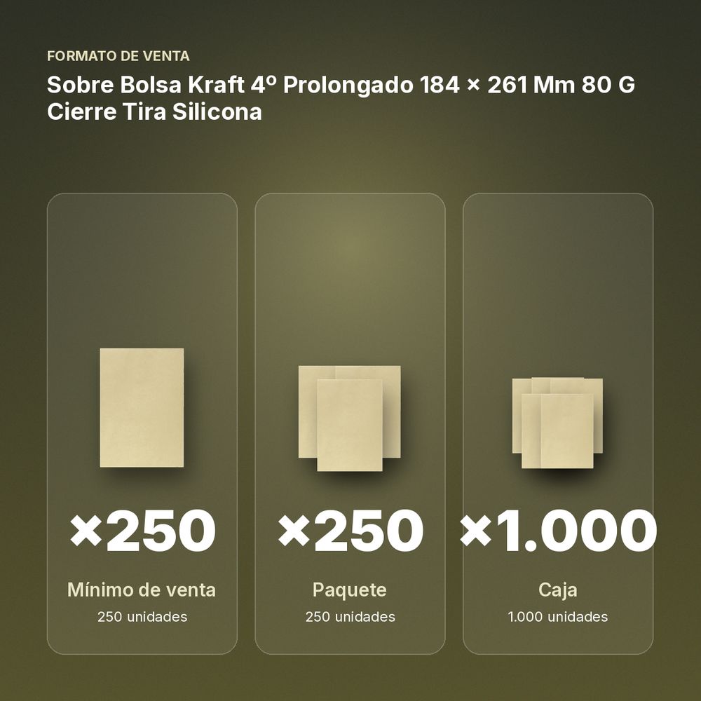 SOBRE BOLSA KRAFT 4º PROLONGADO 184 X 261 MM 80 G CIERRE TIRA SILICONA - formato de venta: paquete de 250, caja de 1000