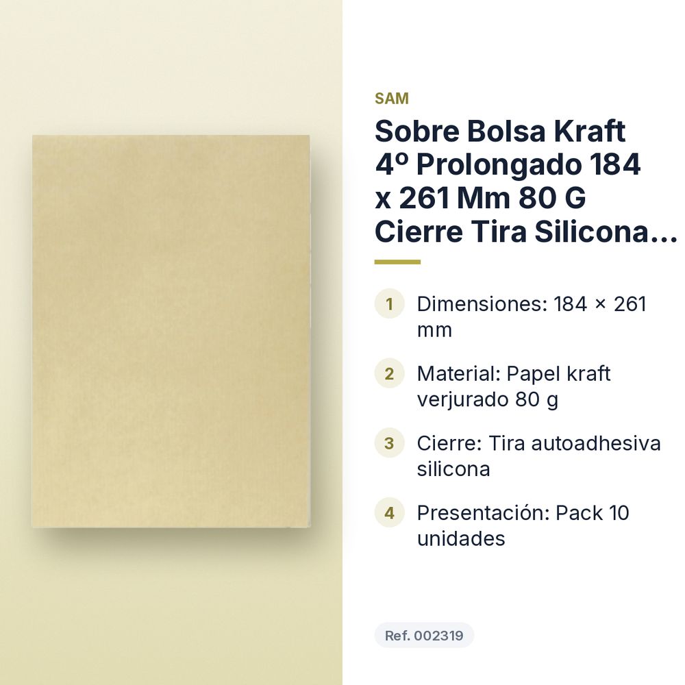 SOBRE BOLSA KRAFT 4º PROLONGADO 184 X 261 MM 80 G CIERRE TIRA SILICONA PACK 10 UD - características principales