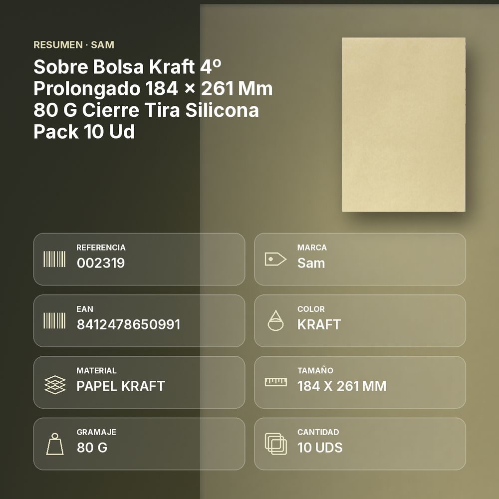 SOBRE BOLSA KRAFT 4º PROLONGADO 184 X 261 MM 80 G CIERRE TIRA SILICONA PACK 10 UD - resumen de atributos