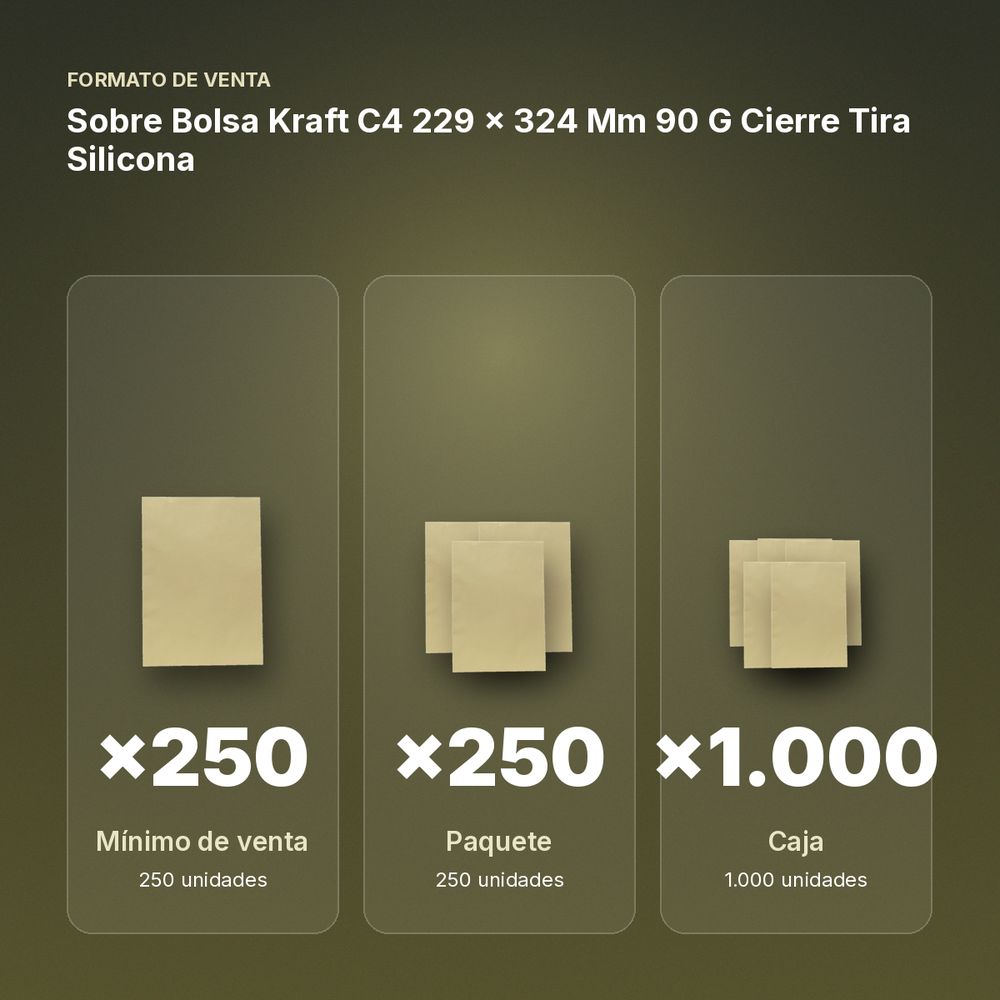 SOBRE BOLSA KRAFT C4 229 X 324 MM 90 G CIERRE TIRA SILICONA  - formato de venta: paquete de 250, caja de 1000