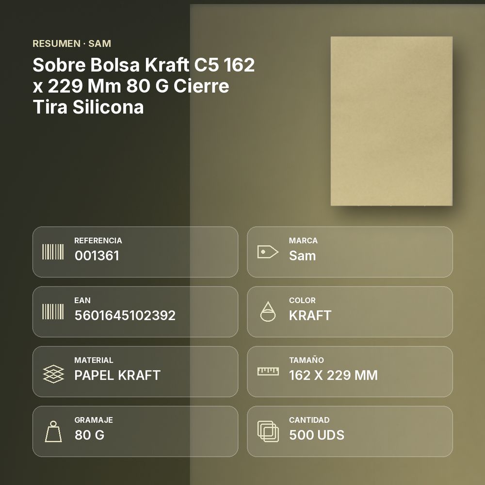 SOBRE BOLSA KRAFT C5 162 X 229 MM 80 G CIERRE TIRA SILICONA  - resumen de atributos