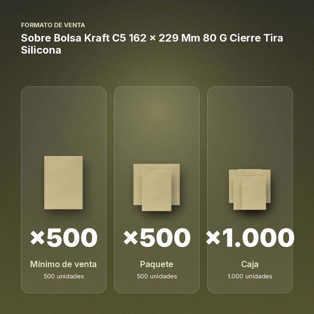 SOBRE BOLSA KRAFT C5 162 X 229 MM 80 G CIERRE TIRA SILICONA  - formato de venta: paquete de 500, caja de 1000