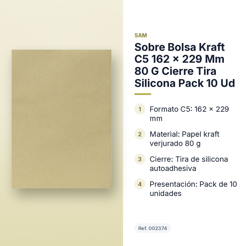 SOBRE BOLSA KRAFT C5 162 X 229 MM 80 G CIERRE TIRA SILICONA PACK 10 UD - características principales