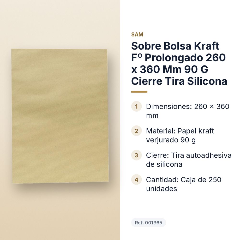 SOBRE BOLSA KRAFT Fº PROLONGADO 260 X 360 MM 90 G CIERRE TIRA SILICONA - características principales