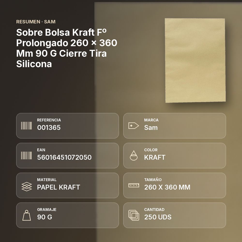 SOBRE BOLSA KRAFT Fº PROLONGADO 260 X 360 MM 90 G CIERRE TIRA SILICONA - resumen de atributos