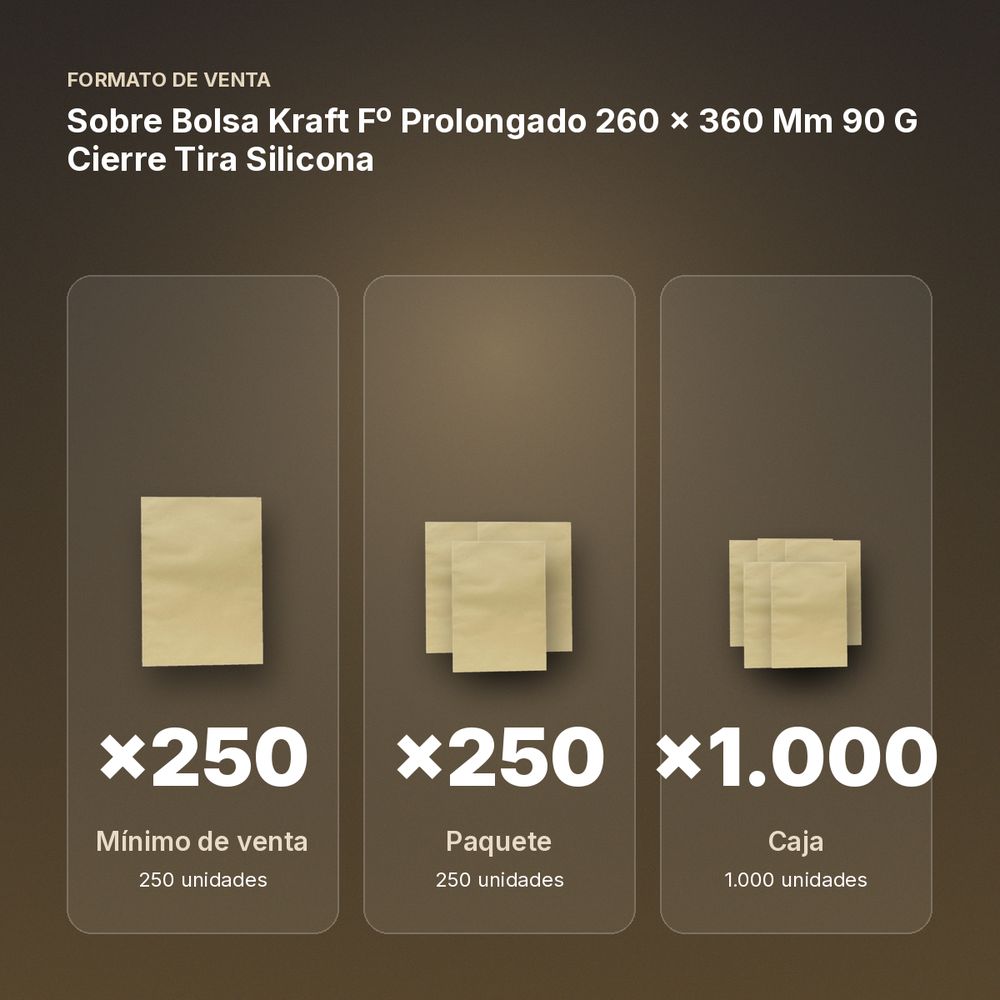 SOBRE BOLSA KRAFT Fº PROLONGADO 260 X 360 MM 90 G CIERRE TIRA SILICONA - formato de venta: paquete de 250, caja de 1000