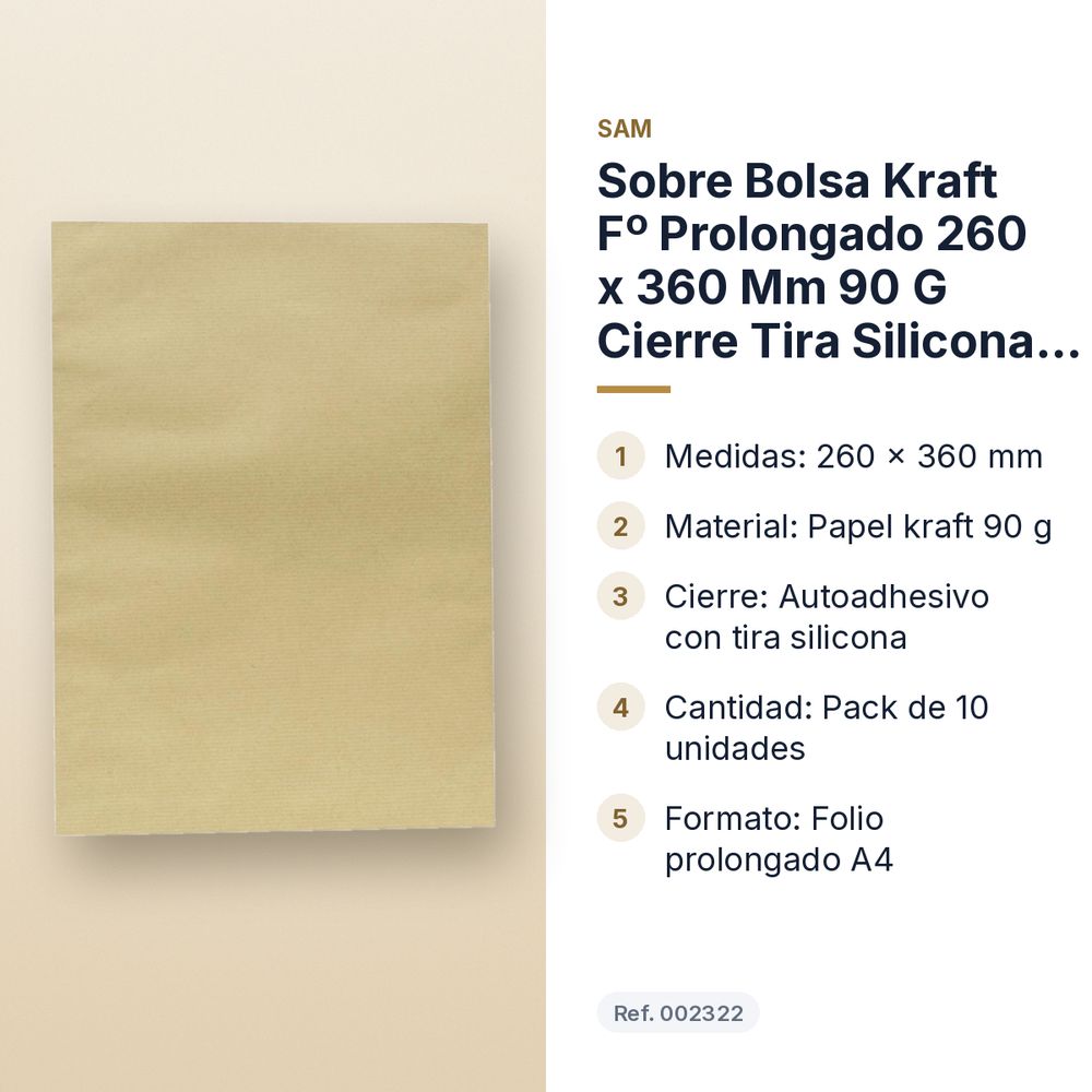 SOBRE BOLSA KRAFT Fº PROLONGADO 260 X 360 MM 90 G CIERRE TIRA SILICONA PACK 10 UD - características principales