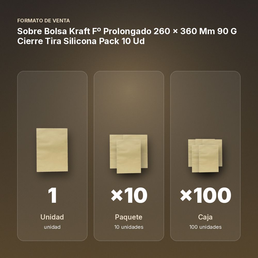 SOBRE BOLSA KRAFT Fº PROLONGADO 260 X 360 MM 90 G CIERRE TIRA SILICONA PACK 10 UD - formato de venta: paquete de 10, caja de 100