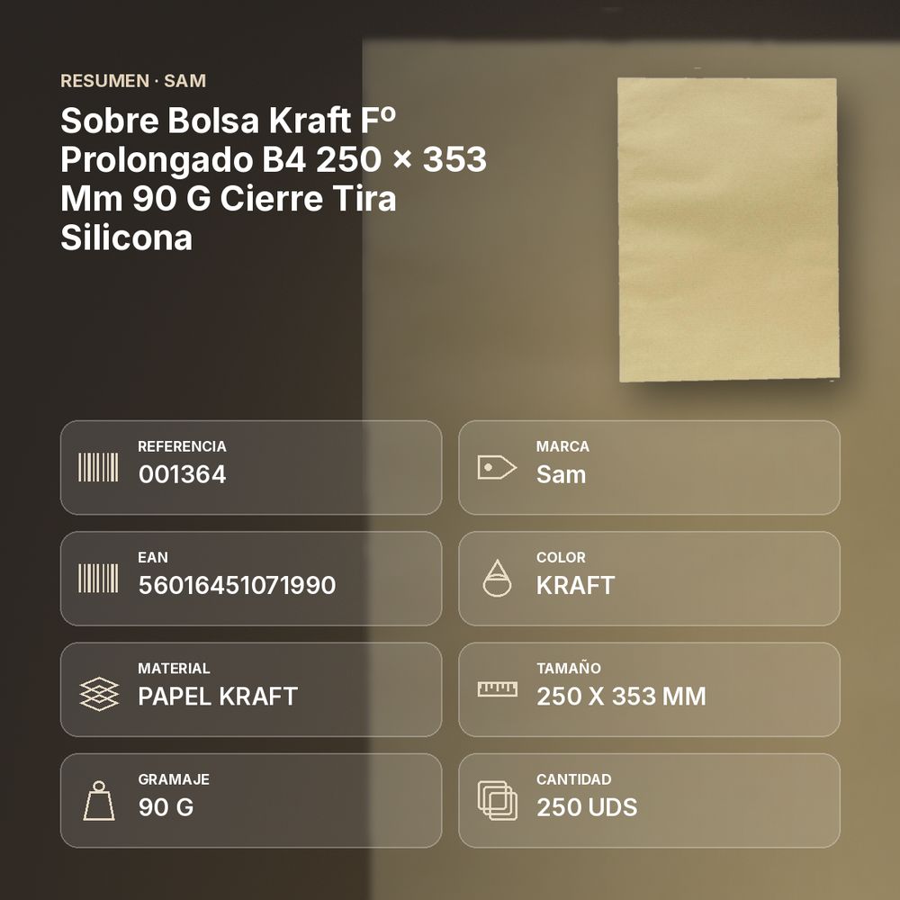 SOBRE BOLSA KRAFT Fº PROLONGADO B4 250 X 353 MM 90 G CIERRE TIRA SILICONA - resumen de atributos