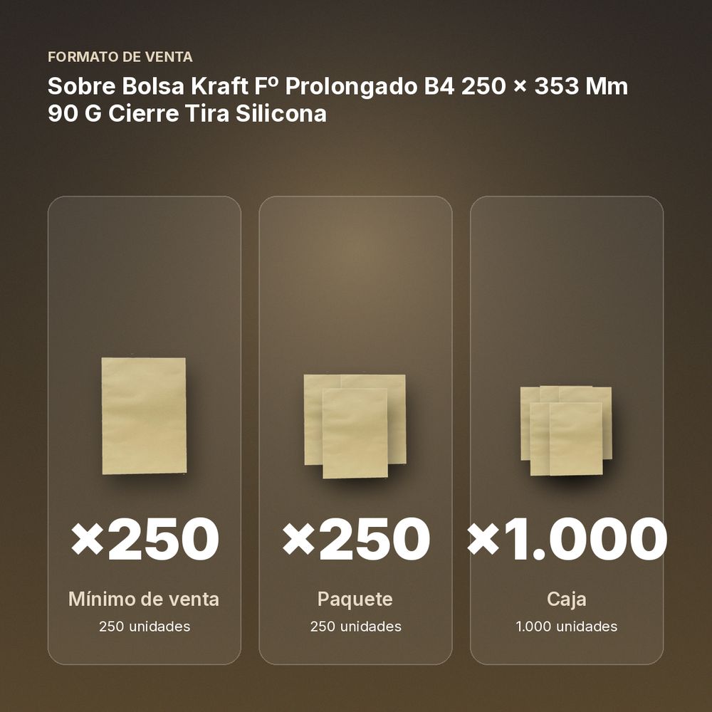 SOBRE BOLSA KRAFT Fº PROLONGADO B4 250 X 353 MM 90 G CIERRE TIRA SILICONA - formato de venta: paquete de 250, caja de 1000
