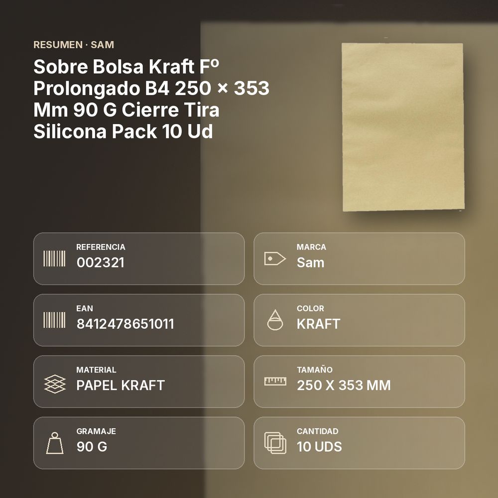 SOBRE BOLSA KRAFT Fº PROLONGADO B4 250 X 353 MM 90 G CIERRE TIRA SILICONA PACK 10 UD - resumen de atributos