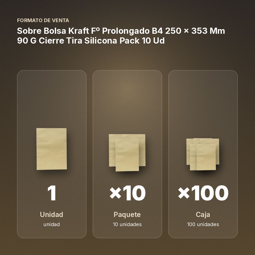 SOBRE BOLSA KRAFT Fº PROLONGADO B4 250 X 353 MM 90 G CIERRE TIRA SILICONA PACK 10 UD - formato de venta: paquete de 10, caja de 100