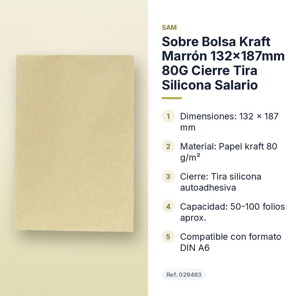 SOBRE BOLSA KRAFT MARRÓN 132X187MM 80G CIERRE TIRA SILICONA SALARIO - características principales