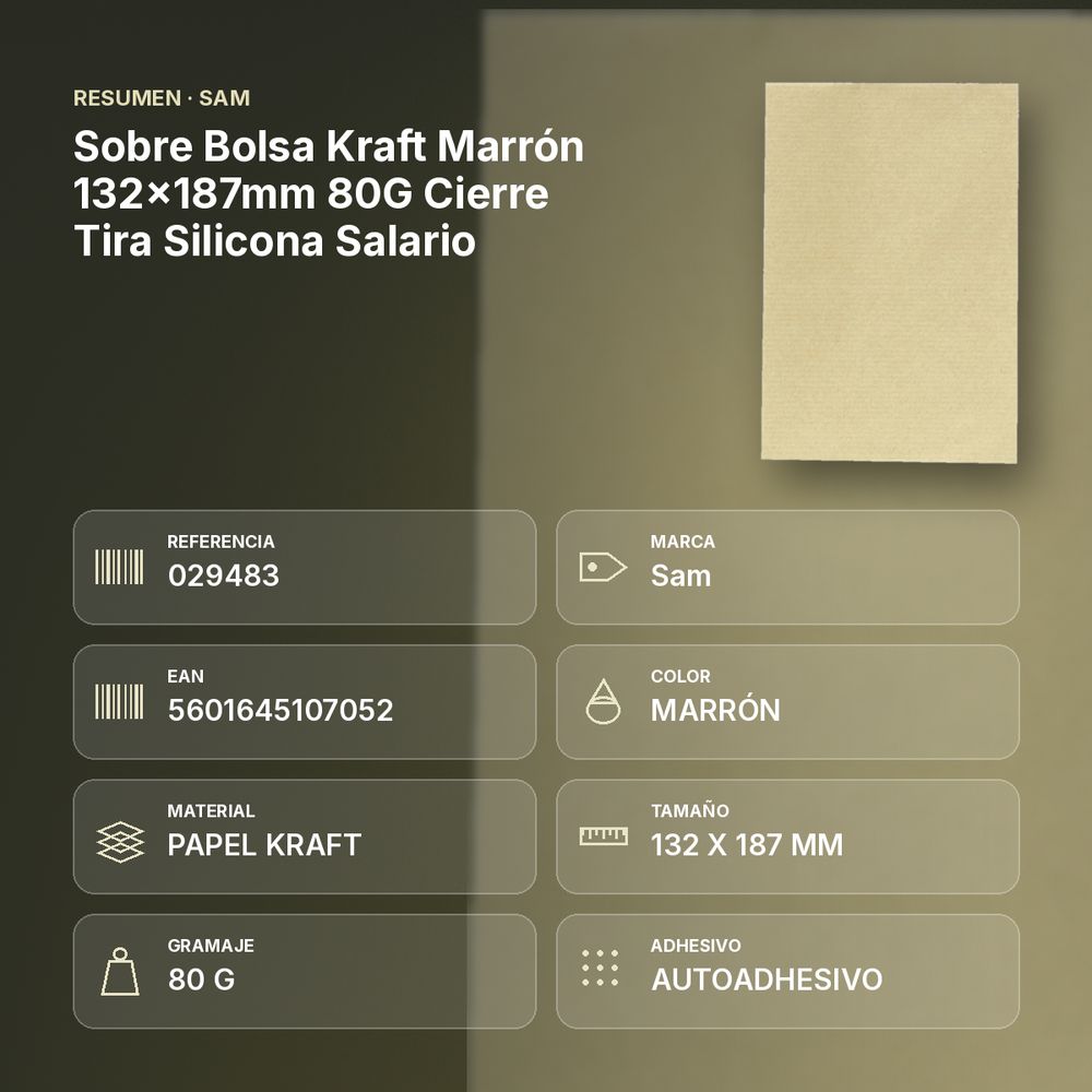 SOBRE BOLSA KRAFT MARRÓN 132X187MM 80G CIERRE TIRA SILICONA SALARIO - resumen de atributos