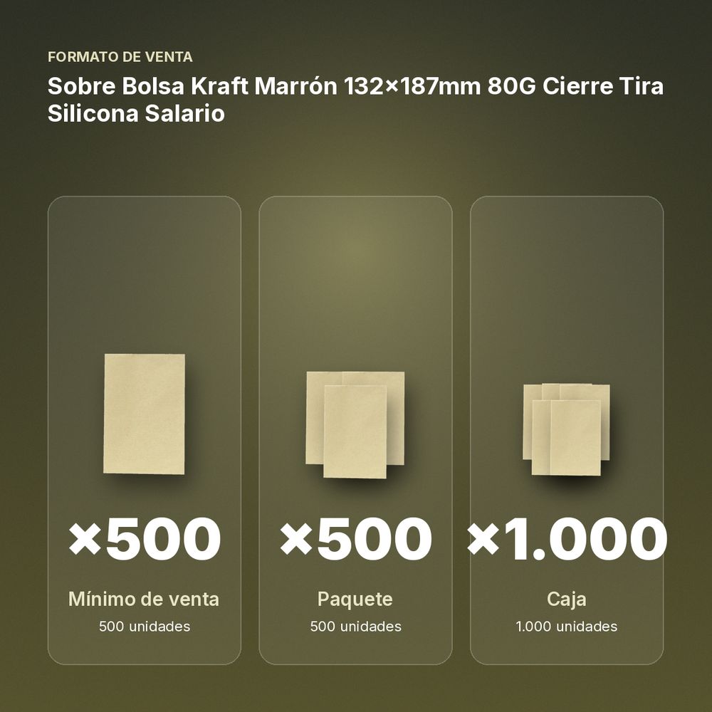 SOBRE BOLSA KRAFT MARRÓN 132X187MM 80G CIERRE TIRA SILICONA SALARIO - formato de venta: paquete de 500, caja de 1000
