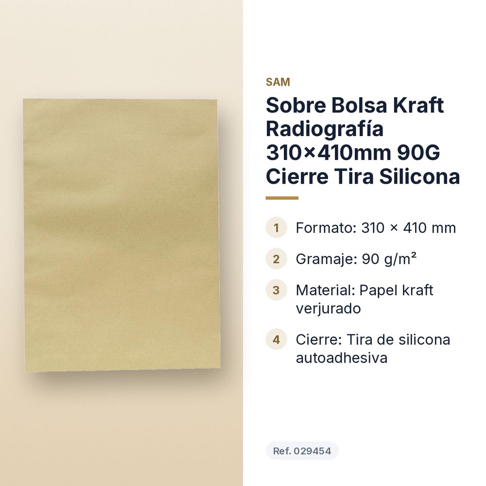 SOBRE BOLSA KRAFT RADIOGRAFÍA 310X410MM 90G CIERRE TIRA SILICONA - características principales