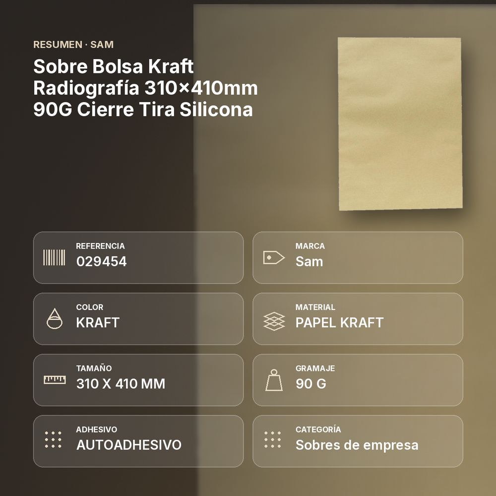 SOBRE BOLSA KRAFT RADIOGRAFÍA 310X410MM 90G CIERRE TIRA SILICONA - resumen de atributos