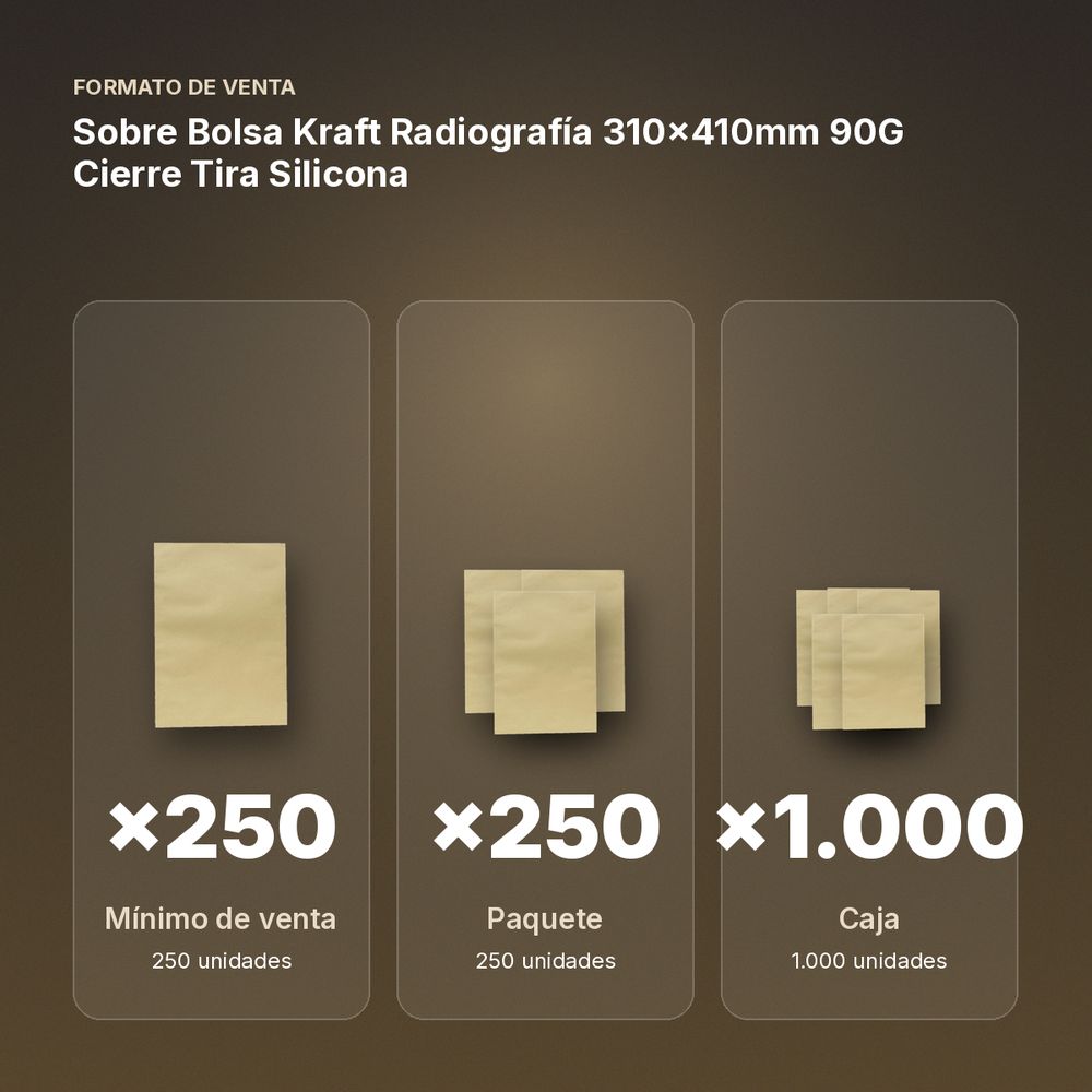 SOBRE BOLSA KRAFT RADIOGRAFÍA 310X410MM 90G CIERRE TIRA SILICONA - formato de venta: paquete de 250, caja de 1000