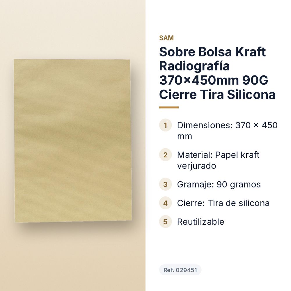 SOBRE BOLSA KRAFT RADIOGRAFÍA 370X450MM 90G CIERRE TIRA SILICONA - características principales