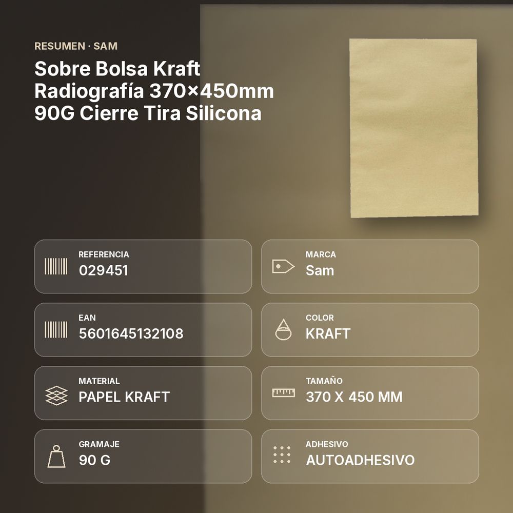 SOBRE BOLSA KRAFT RADIOGRAFÍA 370X450MM 90G CIERRE TIRA SILICONA - resumen de atributos