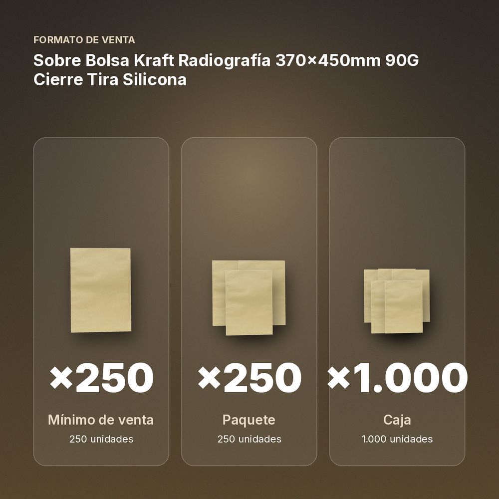 SOBRE BOLSA KRAFT RADIOGRAFÍA 370X450MM 90G CIERRE TIRA SILICONA - formato de venta: paquete de 250, caja de 1000