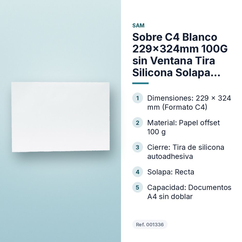 SOBRE C4 BLANCO 229X324MM 100G SIN VENTANA TIRA SILICONA SOLAPA RECTA  - características principales
