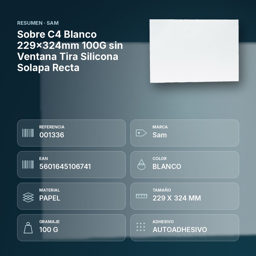 SOBRE C4 BLANCO 229X324MM 100G SIN VENTANA TIRA SILICONA SOLAPA RECTA  - resumen de atributos