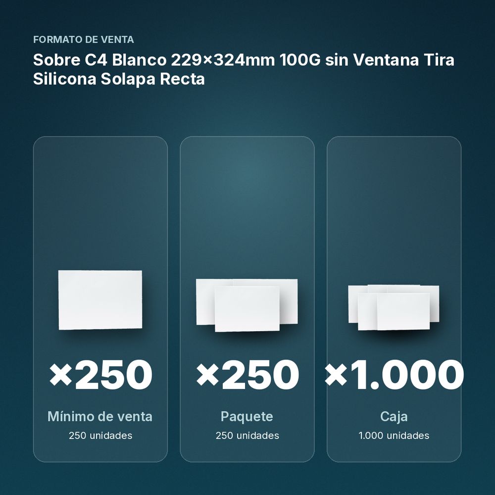 SOBRE C4 BLANCO 229X324MM 100G SIN VENTANA TIRA SILICONA SOLAPA RECTA  - formato de venta: paquete de 250, caja de 1000