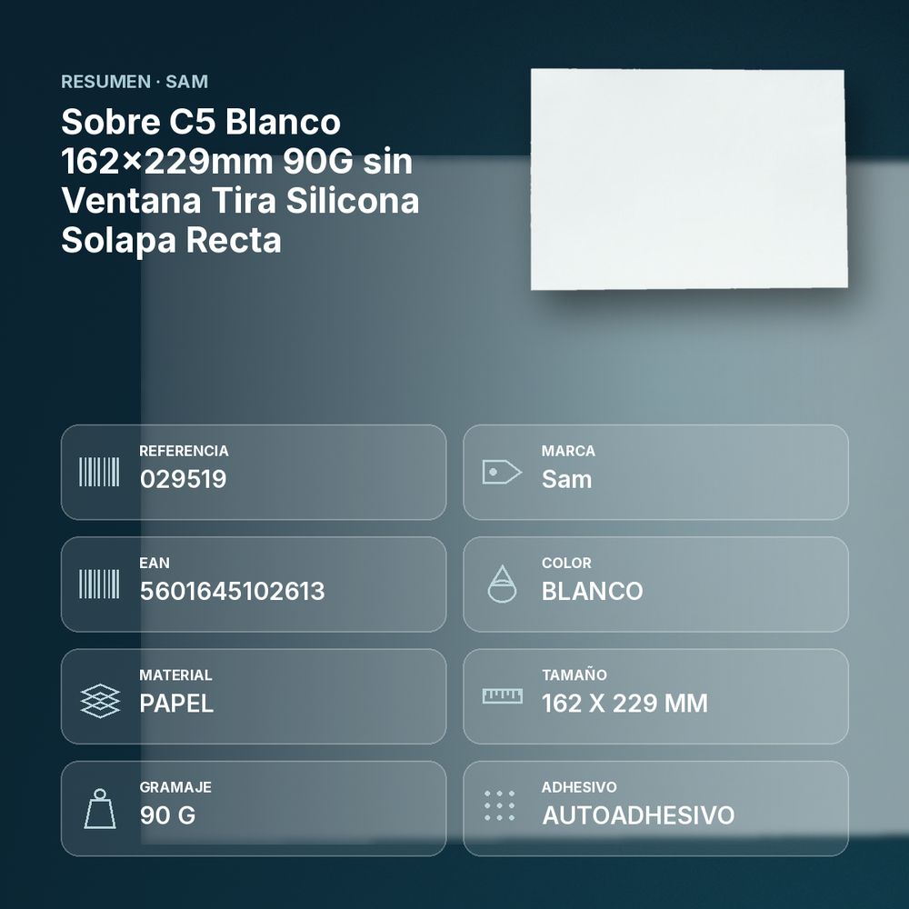 SOBRE C5 BLANCO 162X229MM 90G SIN VENTANA TIRA SILICONA SOLAPA RECTA - resumen de atributos