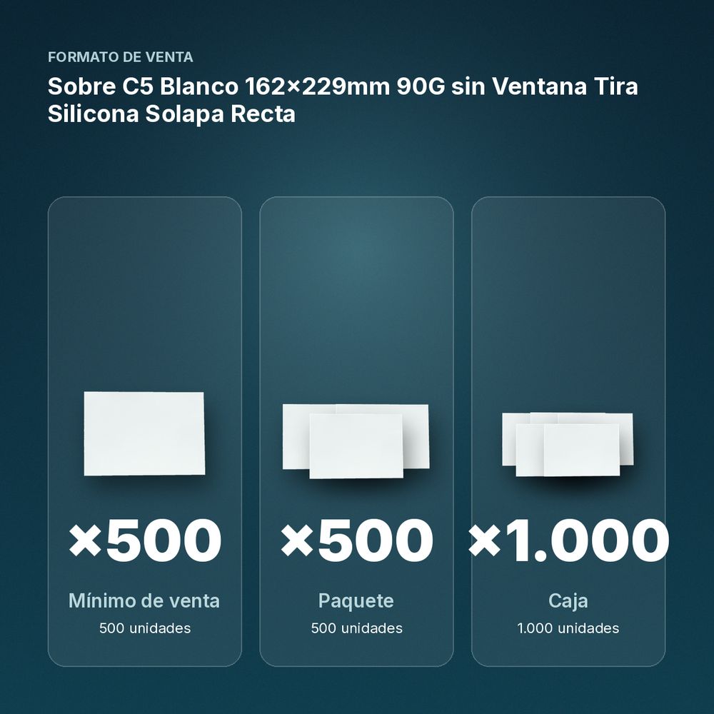 SOBRE C5 BLANCO 162X229MM 90G SIN VENTANA TIRA SILICONA SOLAPA RECTA - formato de venta: paquete de 500, caja de 1000