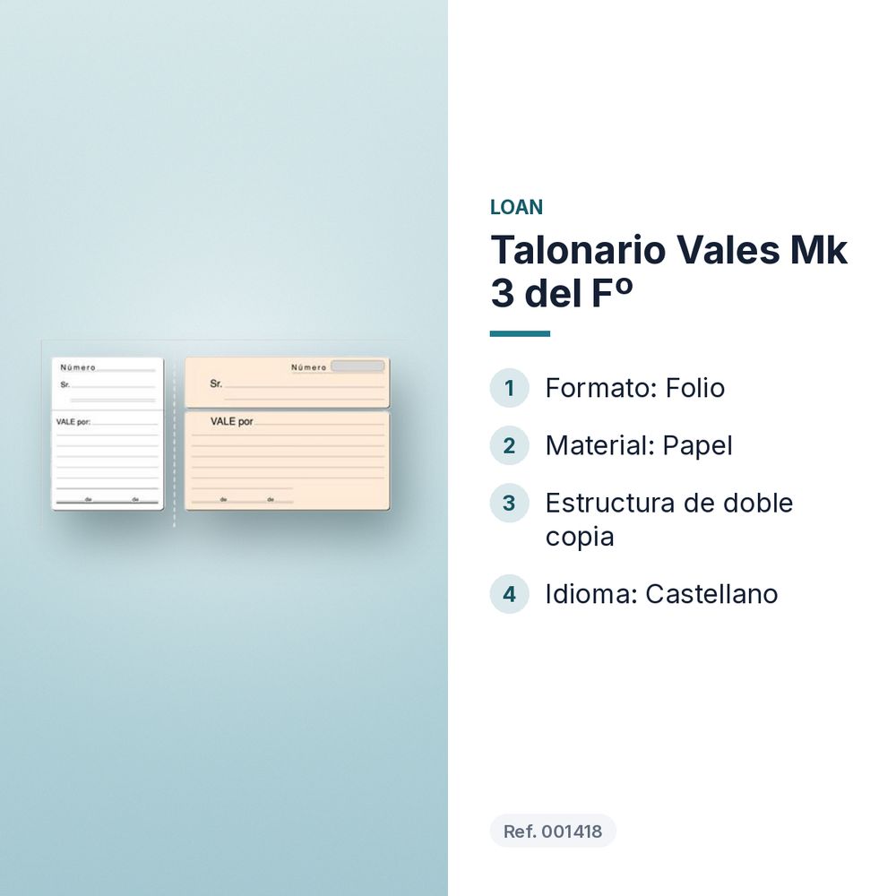 TALONARIO VALES MK 3 DEL Fº - características principales