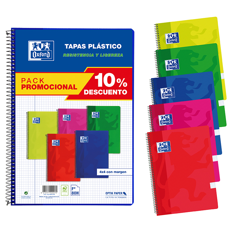 BLOC OXFORD FOLIO ESPIRAL CUADRÍCULA 4 MM 80 HOJAS TAPA DE PLÁSTICO