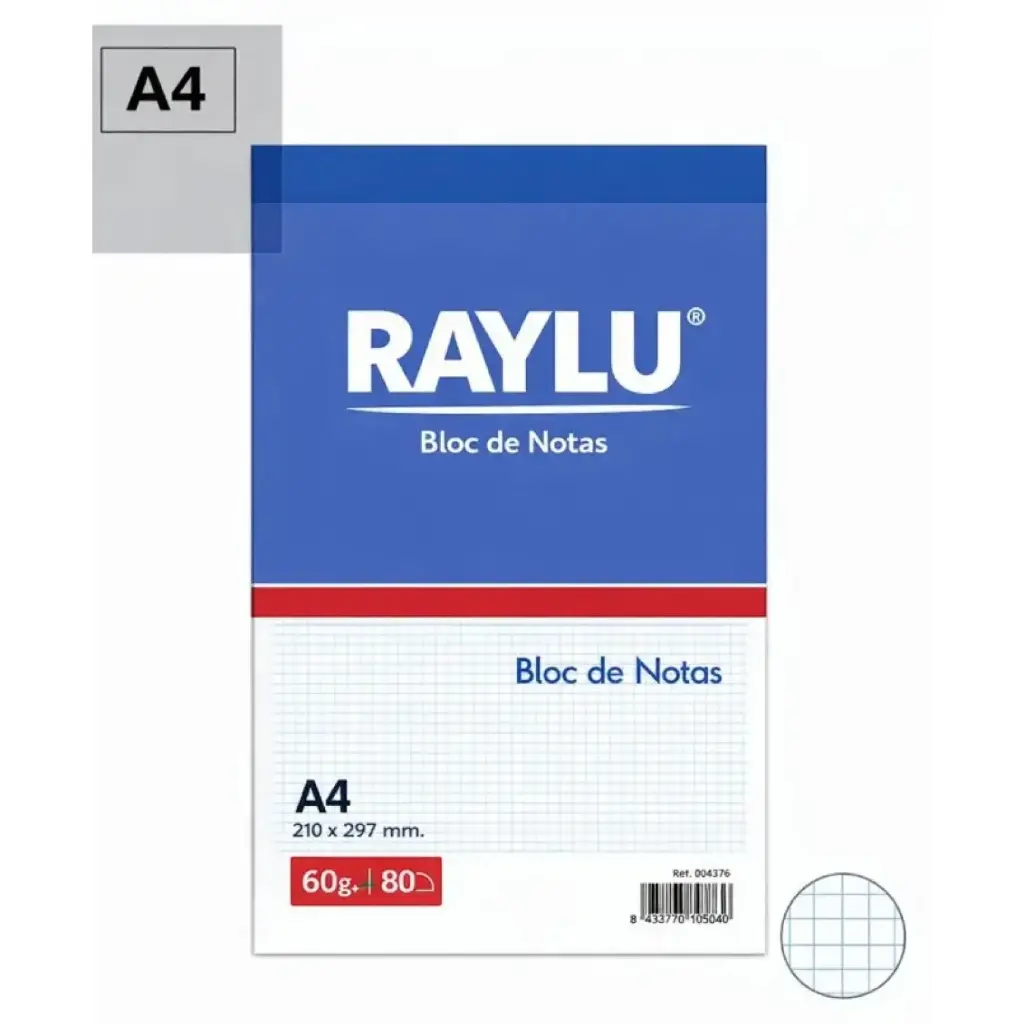 BLOC NOTAS MICROPERFORADO RAYLU A4 60 GRAMOS 80 HOJAS CUADRICULA 4 MM