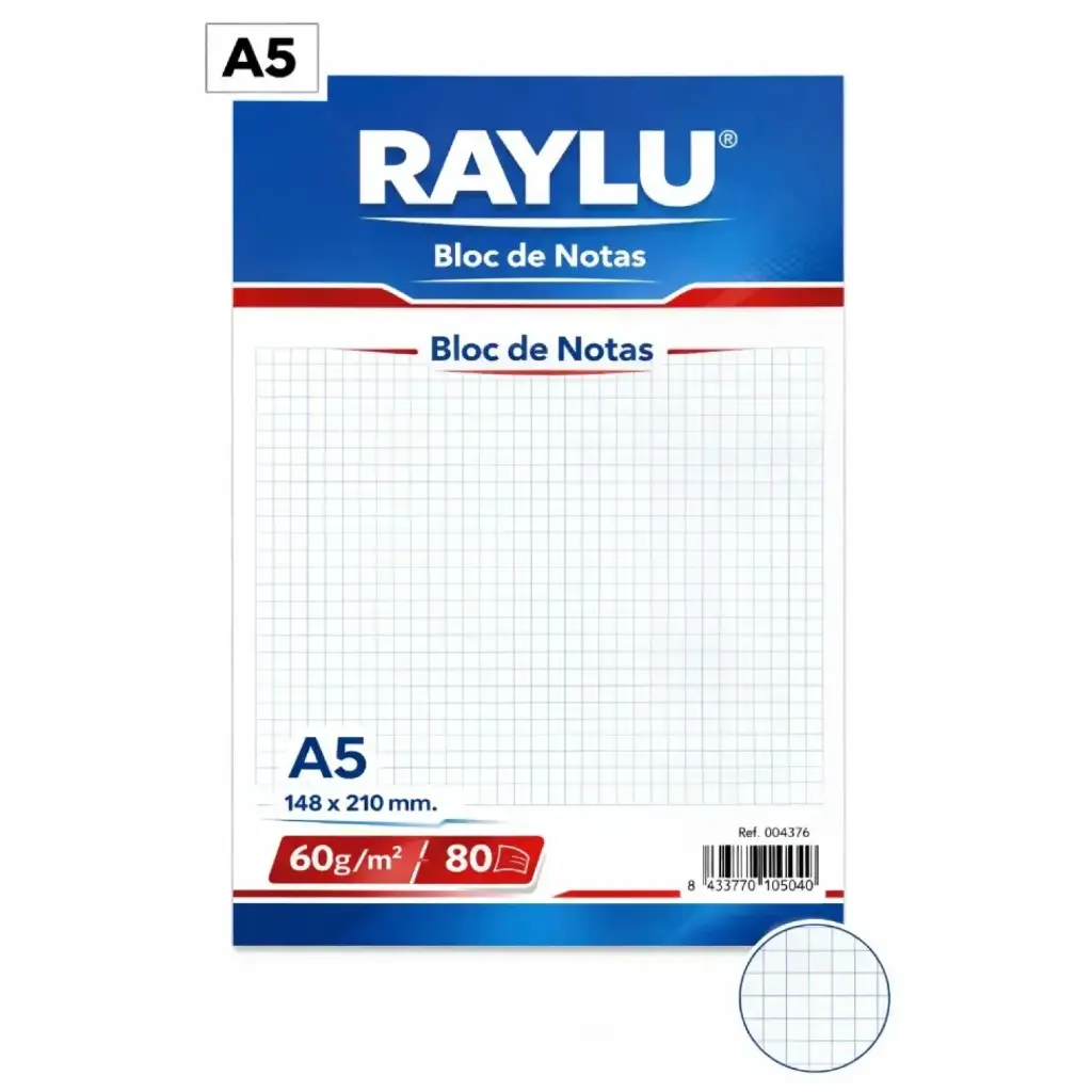 BLOC NOTAS MICROPERFORADO RAYLU A5 60 GRAMOS 80 HOJAS CUADRICULA 4 MM