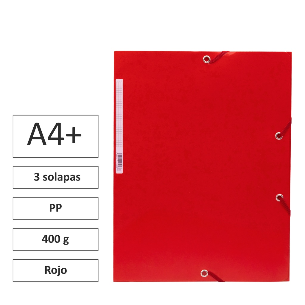 CARPETA A4+ CON GOMAS Y 3 SOLAPAS CARTÓN 400 G ROJO 