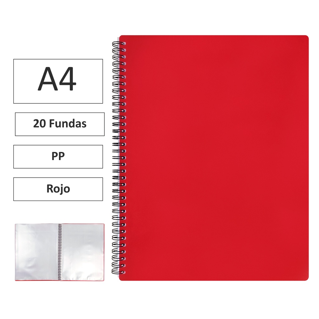 CARPETA ESPIRAL MAXIPLAS A4 20 FUNDAS Y GOMAS ROJO