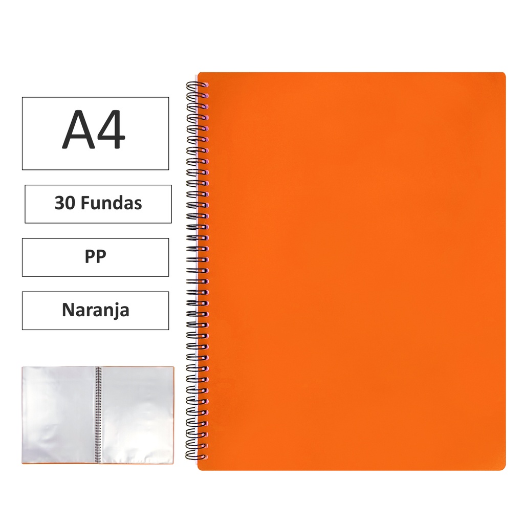 CARPETA ESPIRAL MAXIPLAS A4 30 FUNDAS Y GOMAS – NARANJA