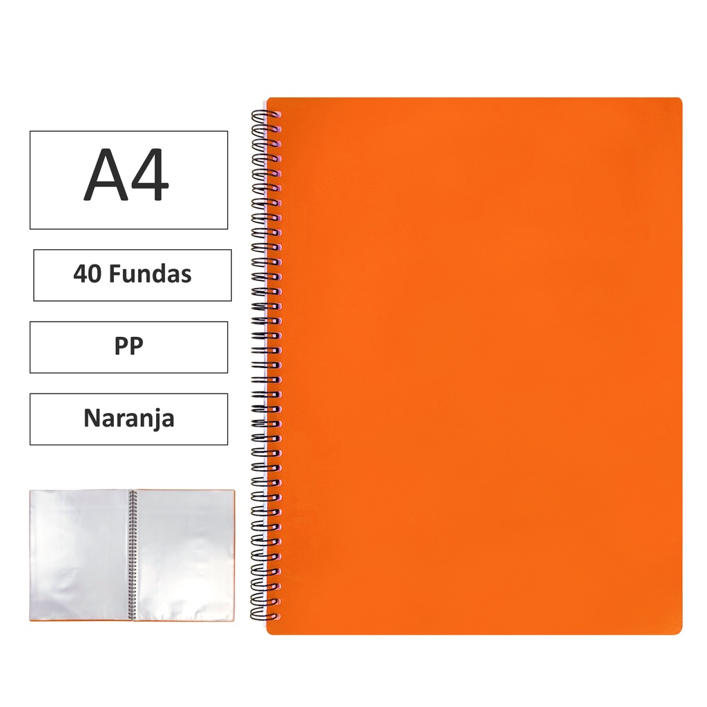 CARPETA ESPIRAL MAXIPLAS A4 40 FUNDAS Y GOMAS – NARANJA