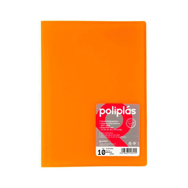 CARPETA POLIPLAS CON FUNDAS DIN A4 10 FUNDAS PP SOLDADAS AL LOMO NARANJA