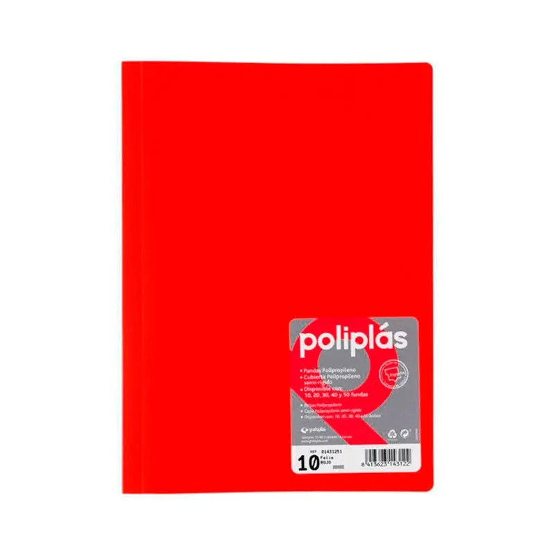 CARPETA POLIPLAS CON FUNDAS DIN A4 10 FUNDAS PP SOLDADAS AL LOMO ROJO