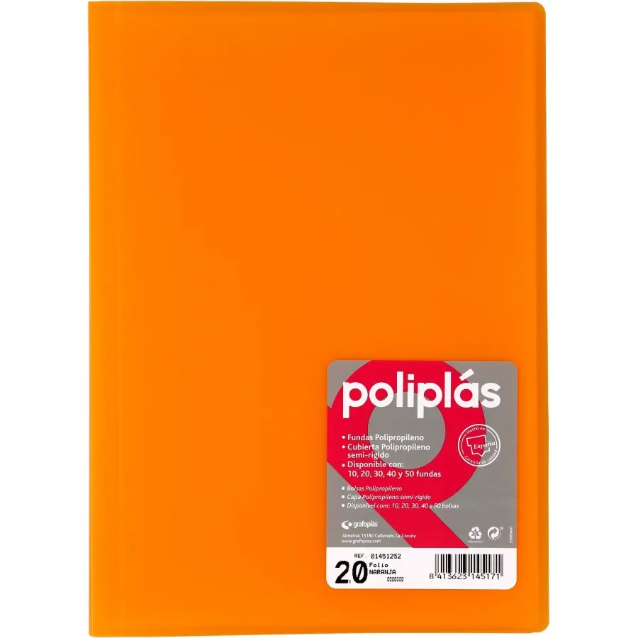CARPETA POLIPLAS CON FUNDAS DIN A4 20 FUNDAS PP SOLDADAS AL LOMO NARANJA