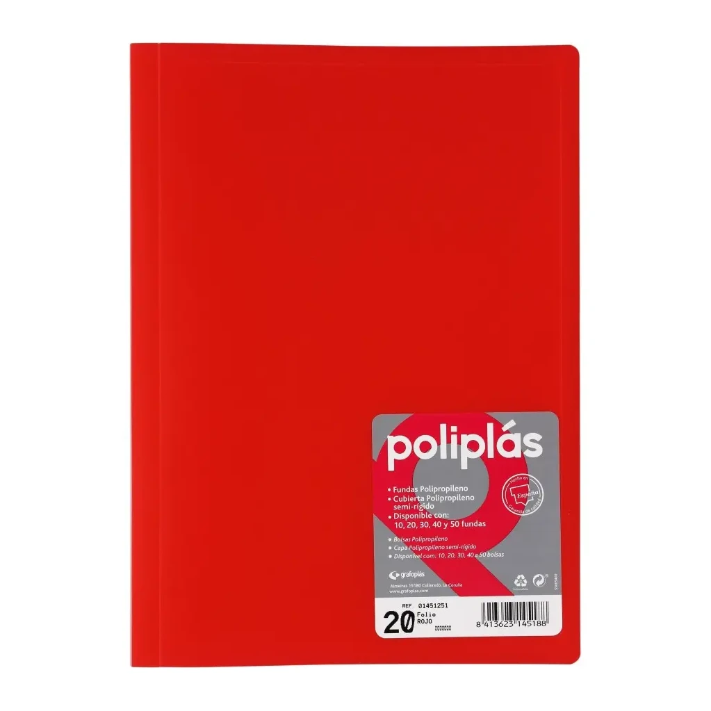 CARPETA POLIPLAS CON FUNDAS DIN A4 20 FUNDAS PP SOLDADAS AL LOMO ROJO