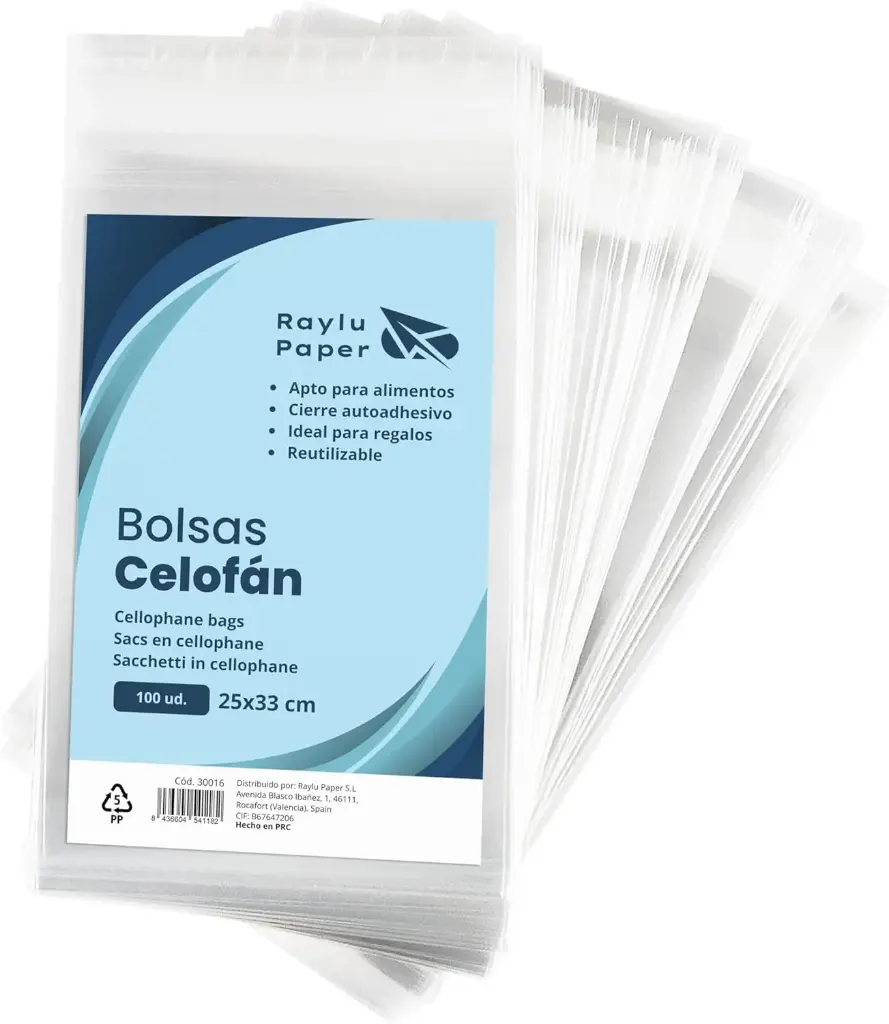 BOLSAS DE CELOFÁN TRANSPARENTE RAYLU PAPER 25 × 33 CM PACK 100 UDS 
