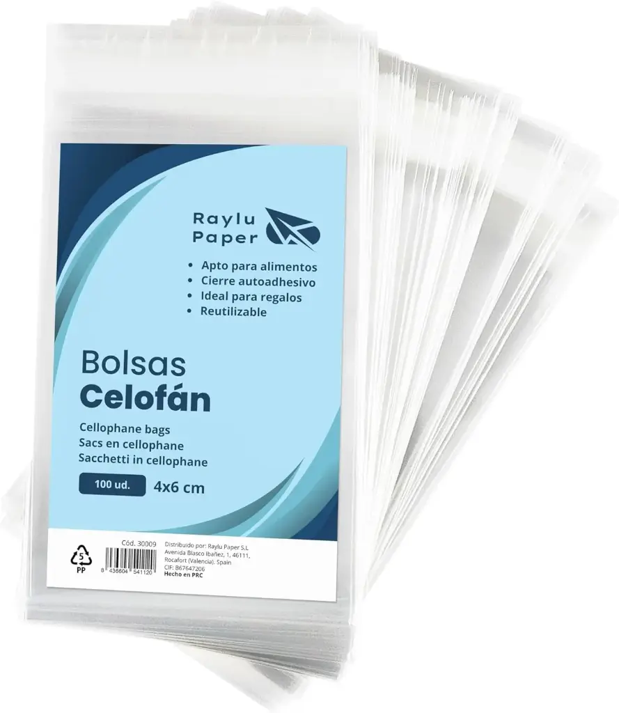 BOLSAS DE CELOFÁN TRANSPARENTE RAYLU PAPER 4 × 6 CM PACK 100 UDS