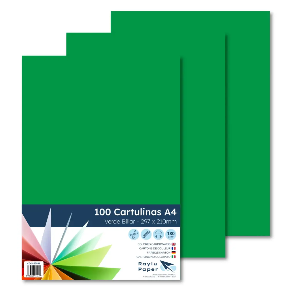 CARTULINA RAYLU A4 180 GRAMOS VERDE BILLAR 100 HOJAS